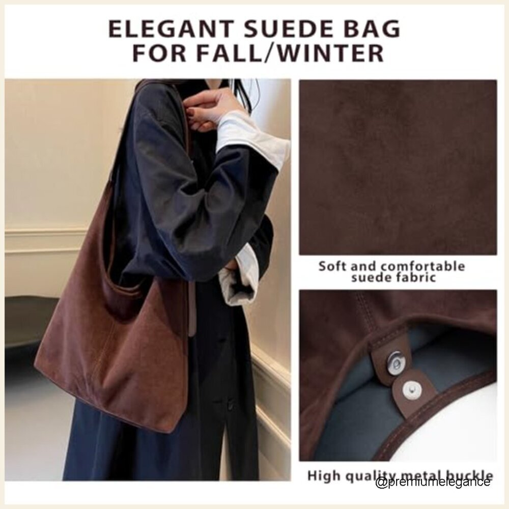 Large Faux Suede Hobo Tote Bag with Adjustable Strap and Pouch - Picture 4 of 7